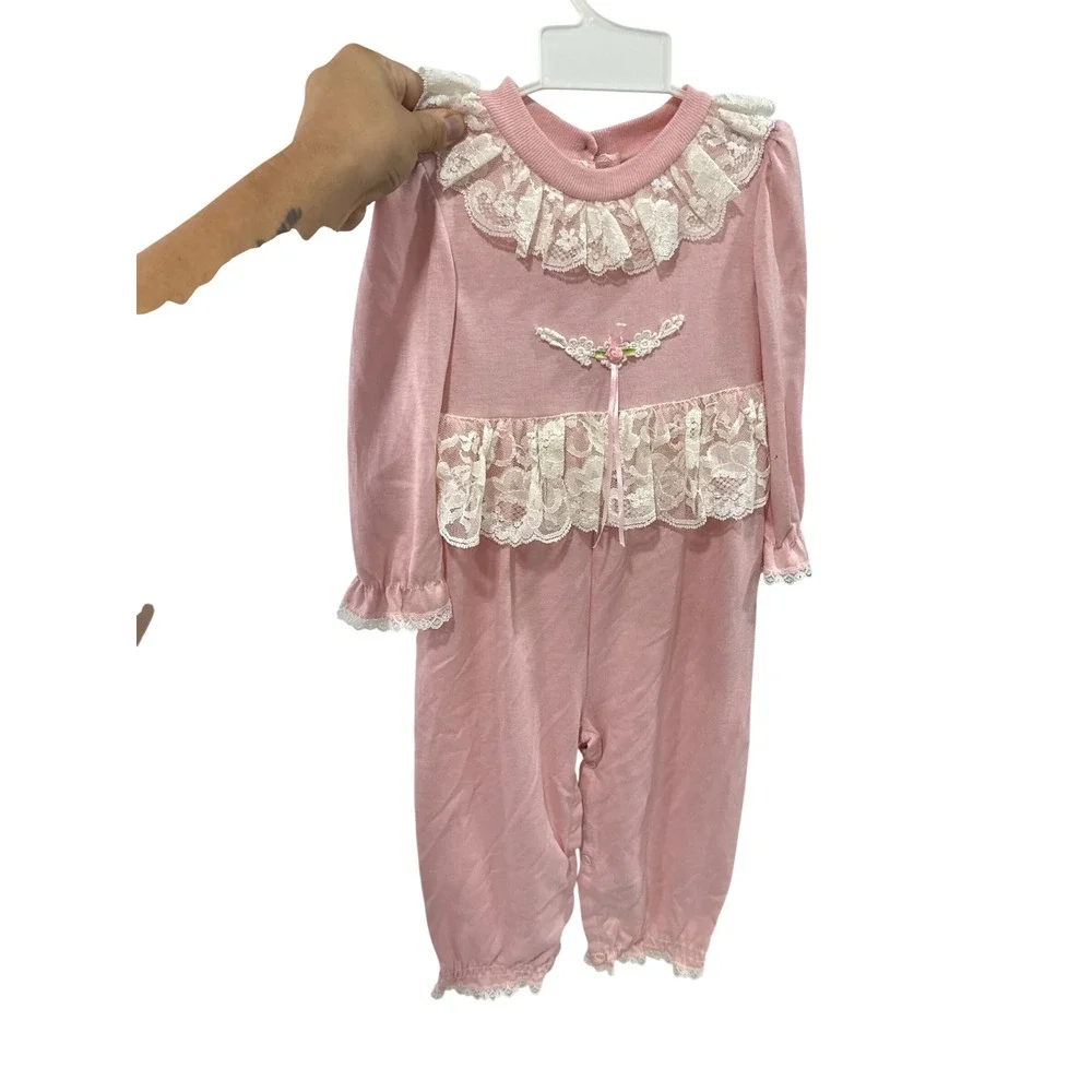 Little Precious Vintage Pink Lace Ruffle Romper Long Sleeve Cottage Core 24M